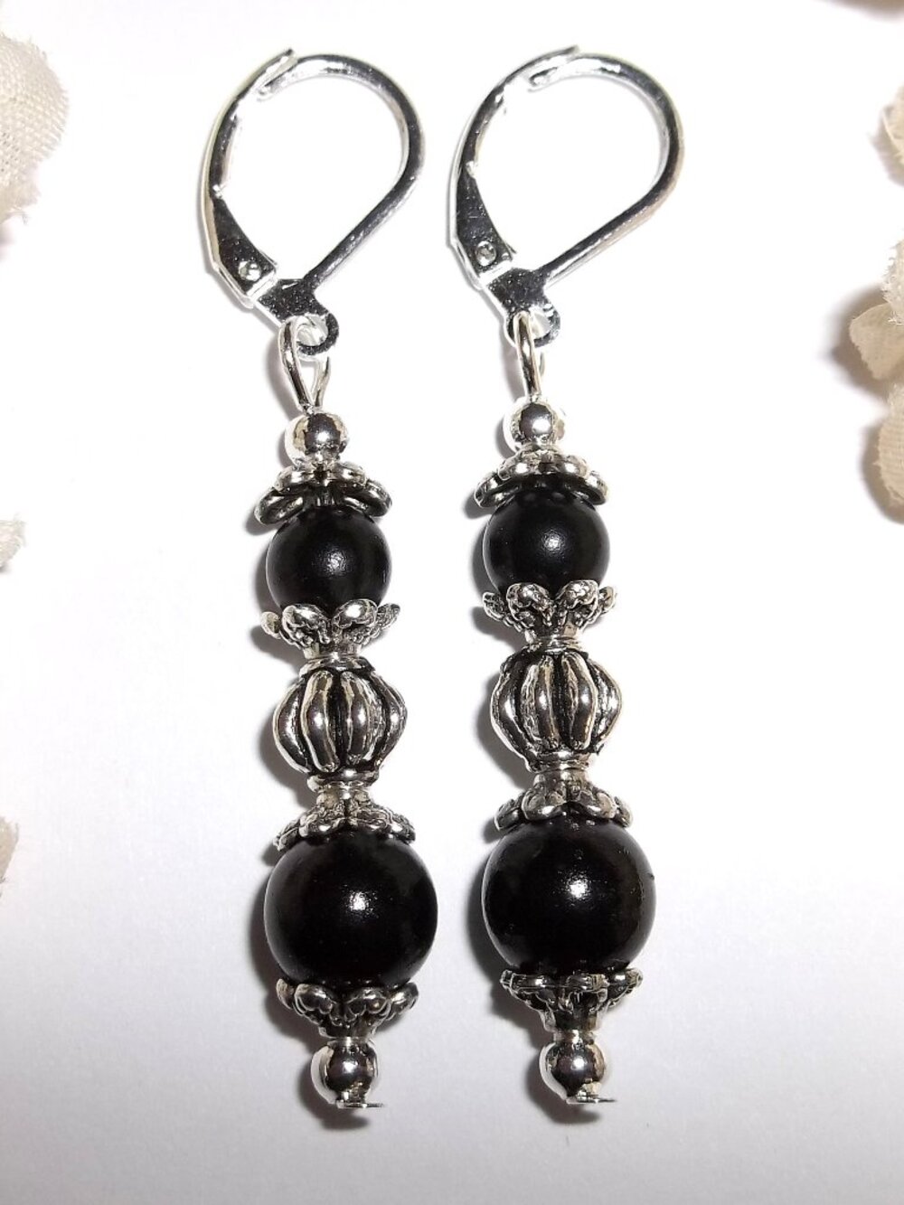 Black Earrings, Black and Silver Earrings, Black Pearl Earring, Earring Set D890